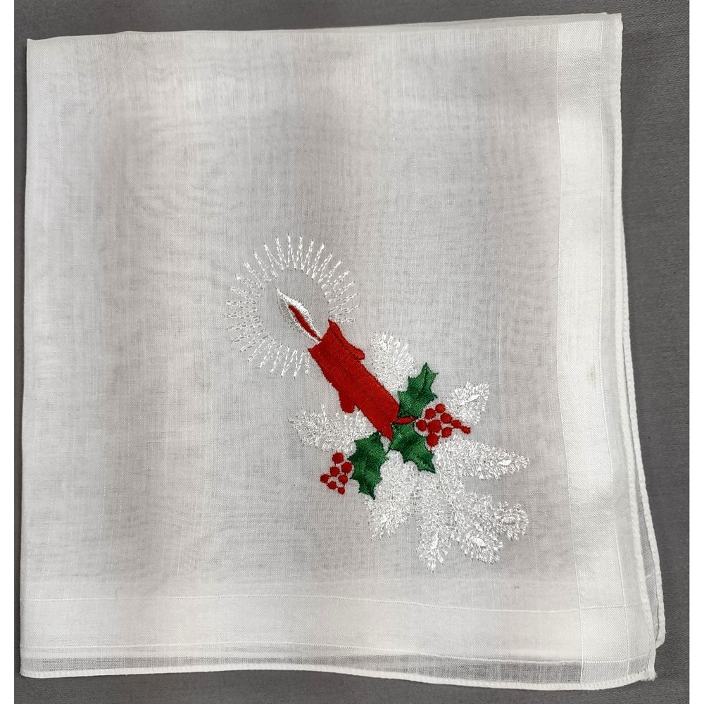 Vtg 13.5x14.5 Christmas Hankie White Sheer Embroidered Red Candle Holly Berry